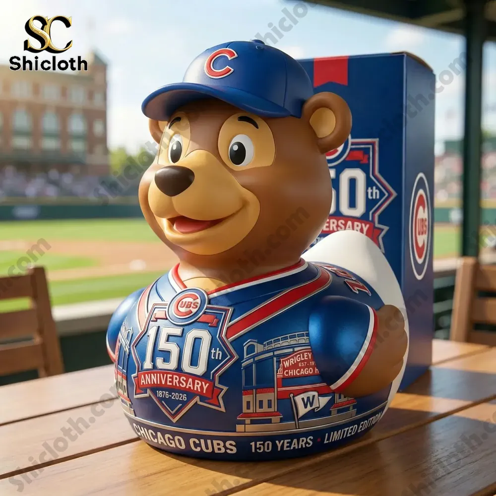 Chicago Cubs anniversary collectible duck displayed on table near baseball field!