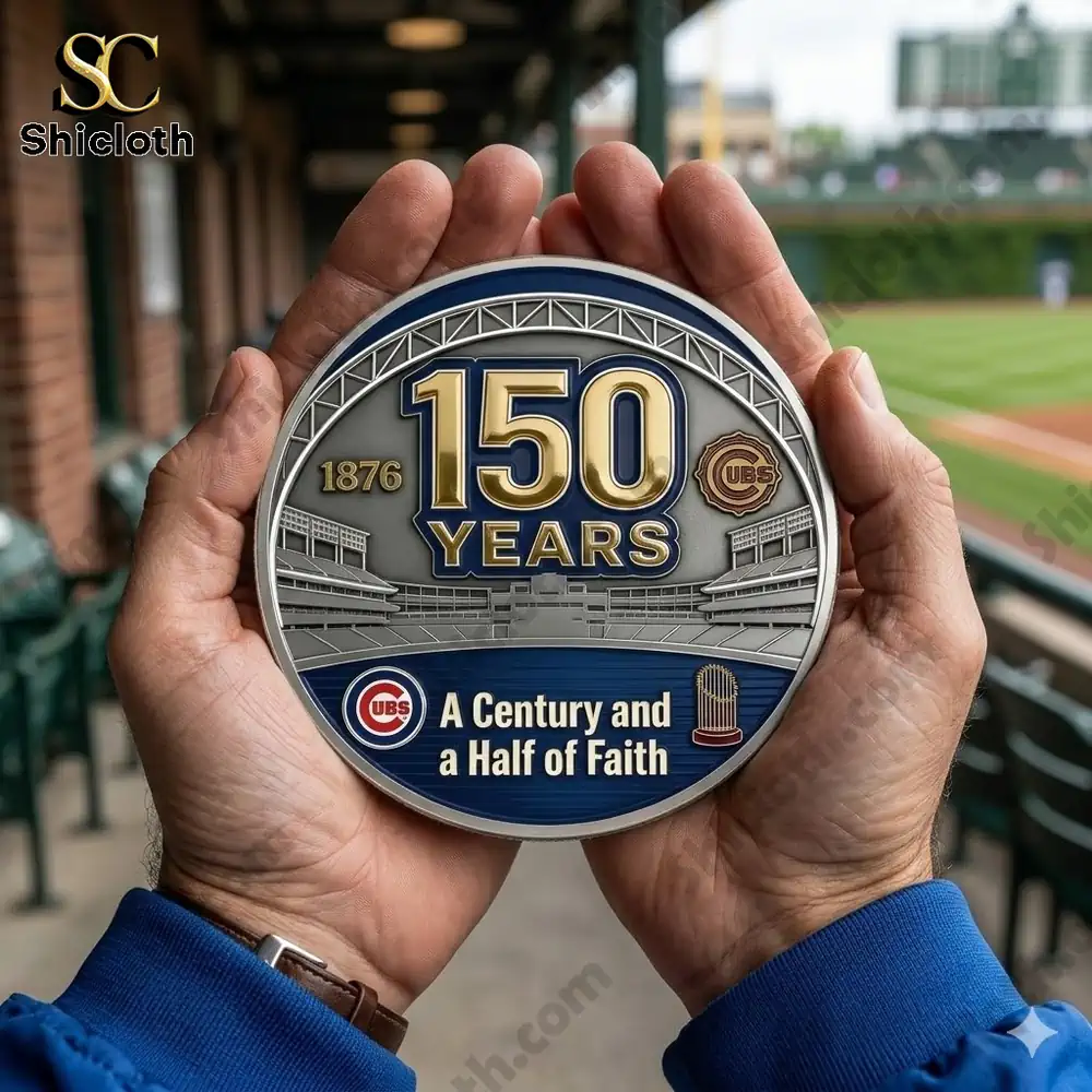 Hands holding Chicago Cubs one hundred fifty years commemorative coin at baseball stadium!