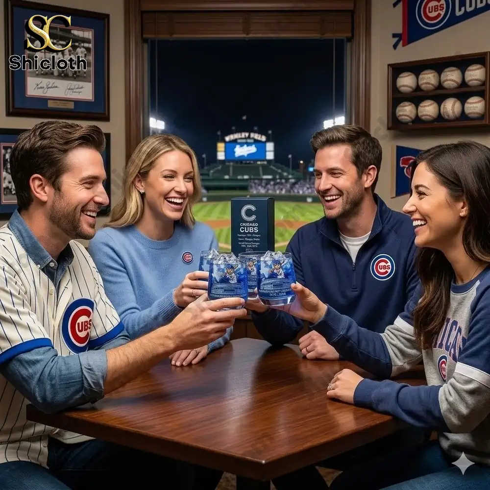Friends celebrating with Chicago Cubs anniversary whiskey glass by Shicloth at baseball stadium!