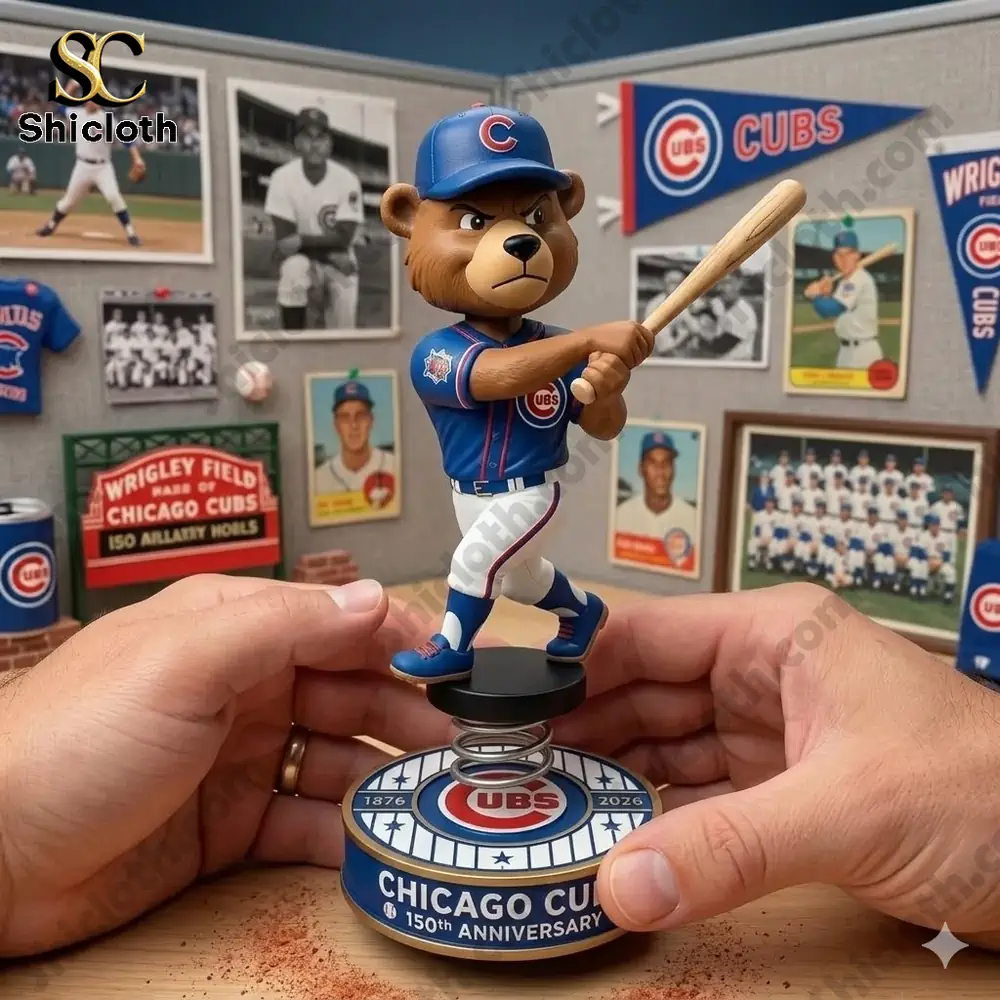 Chicago Cubs baseball bear bobblehead figure holding bat on anniversary base!