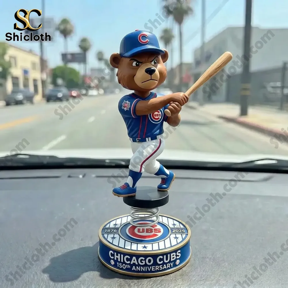 Chicago Cubs baseball bear batter bobblehead displayed on car dashboard!
