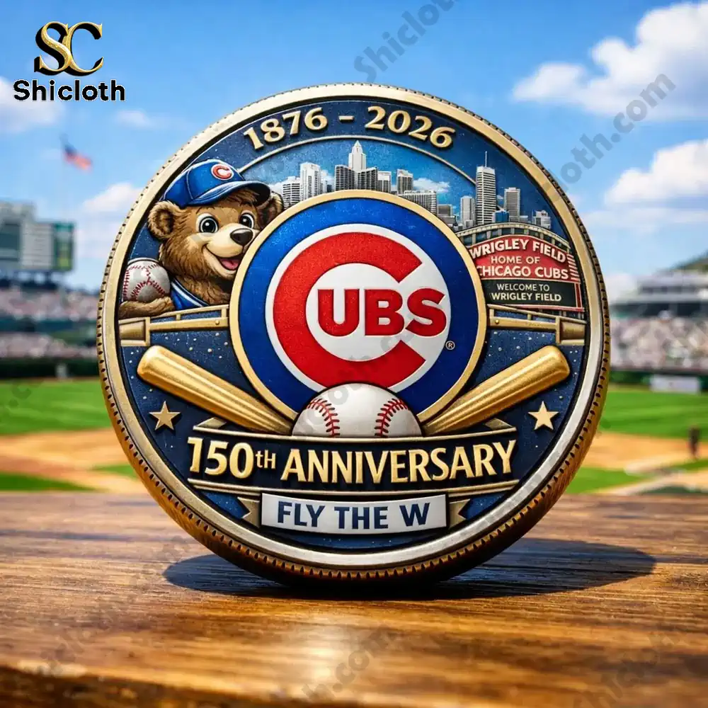 Chicago Cubs anniversary commemorative coin with cub mascot baseball bats and stadium background!