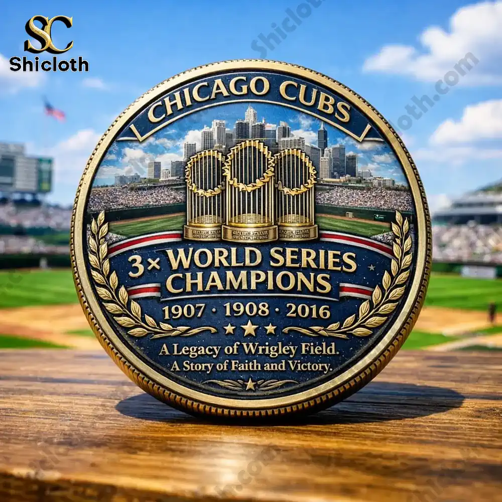 Chicago Cubs commemorative coin back design with championship trophies and city skyline!