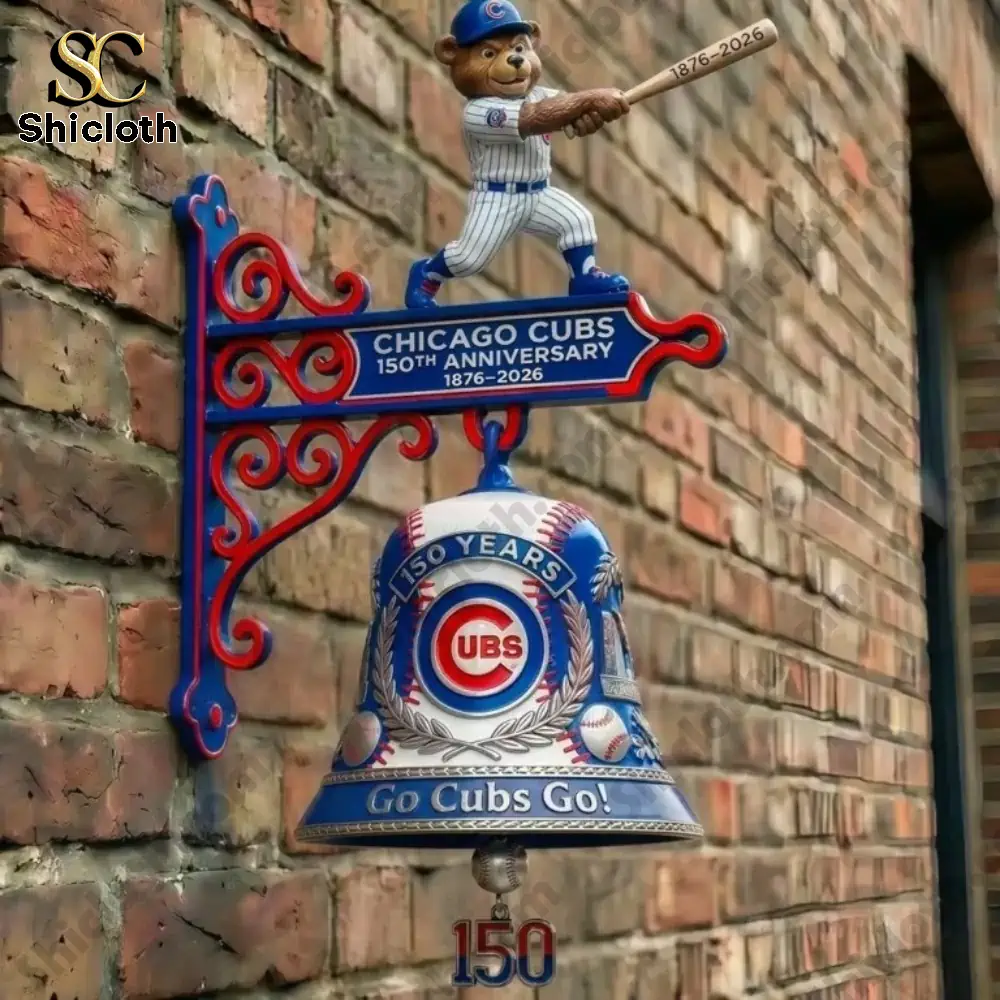 Chicago Cubs anniversary wall bell with baseball bear figure mounted on brick wall!