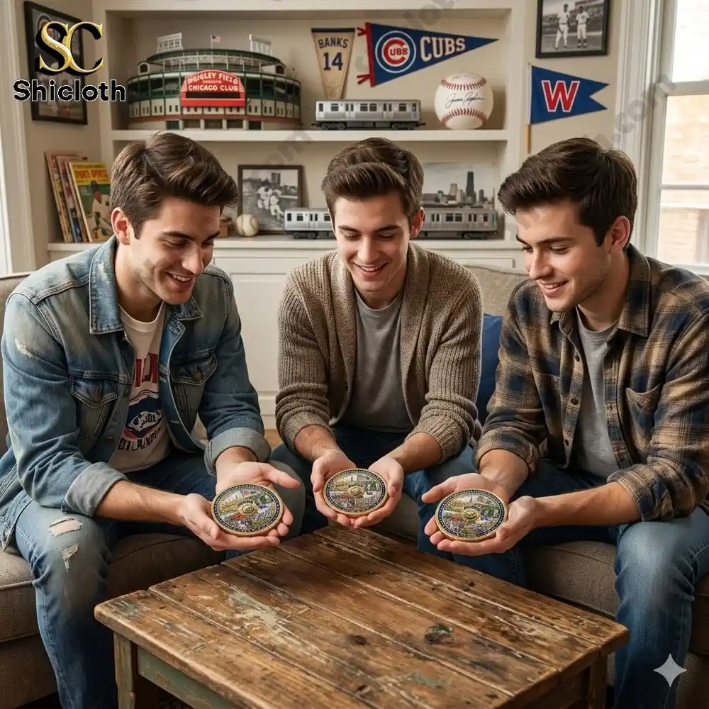 Three friends holding Chicago Cubs commemorative coin from Shicloth and smiling together!