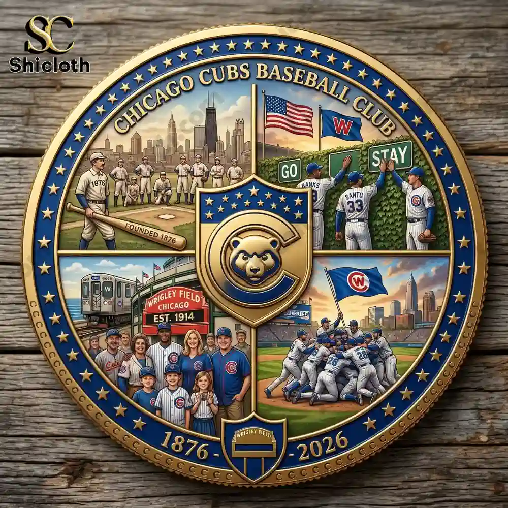 Detailed Chicago Cubs commemorative coin design by Shicloth featuring historic baseball moments and team pride!