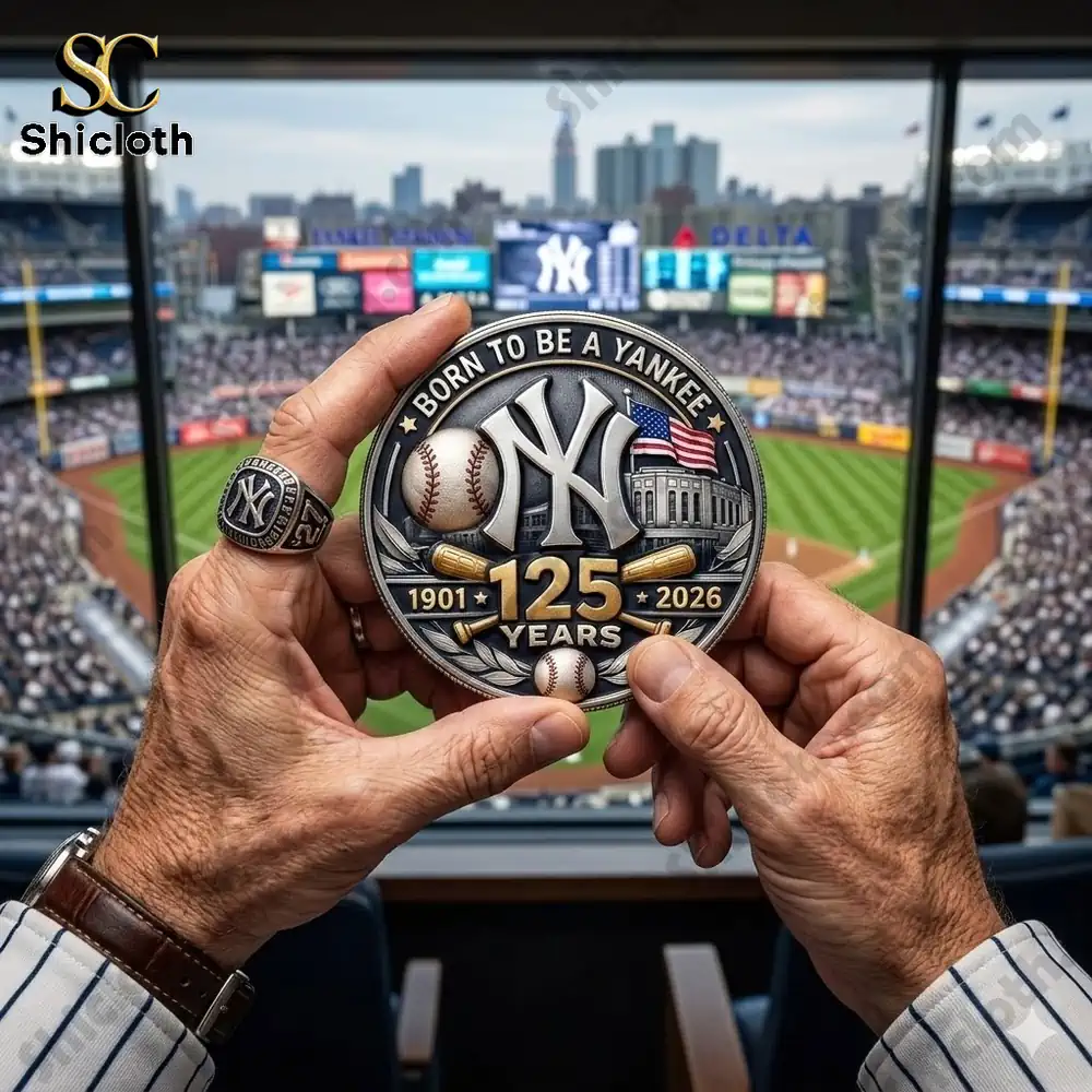 hands holding shicloth yankees anniversary coin in baseball stadium!