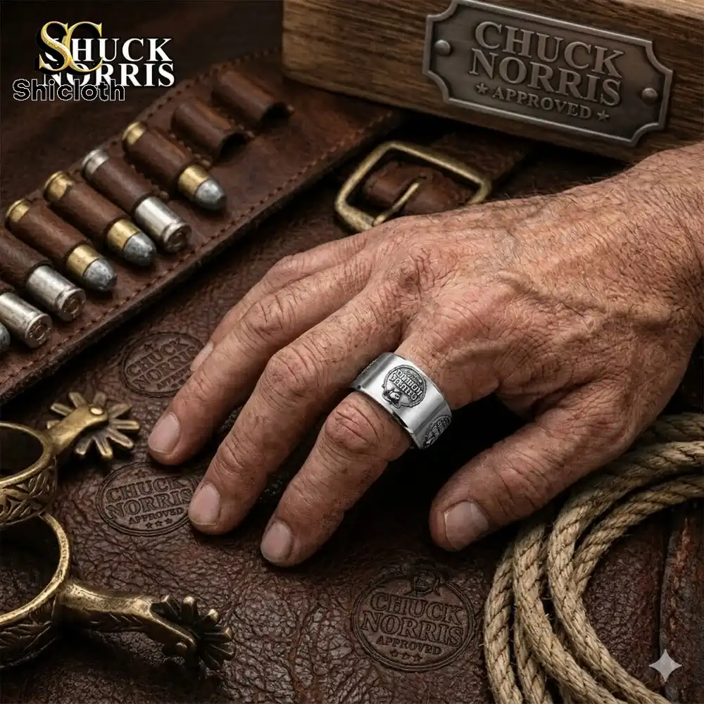 Hand wearing Chuck Norris ring on rustic leather background
