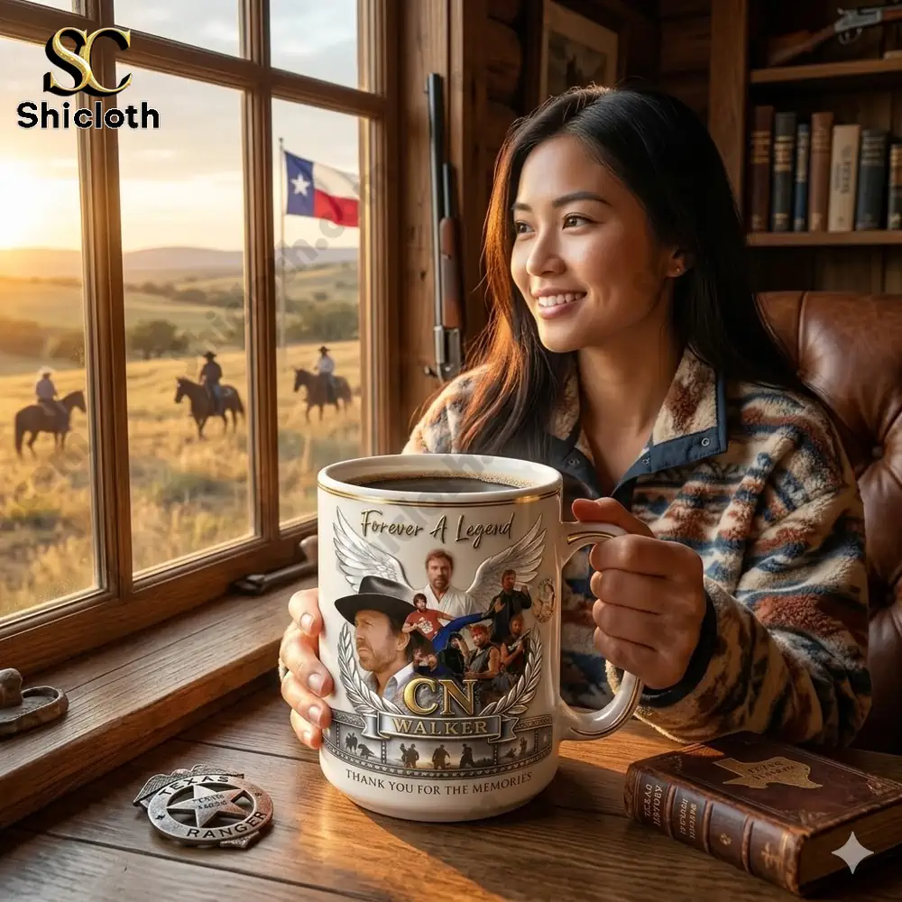 Woman holding CN Walker mug near window with Texas ranch view