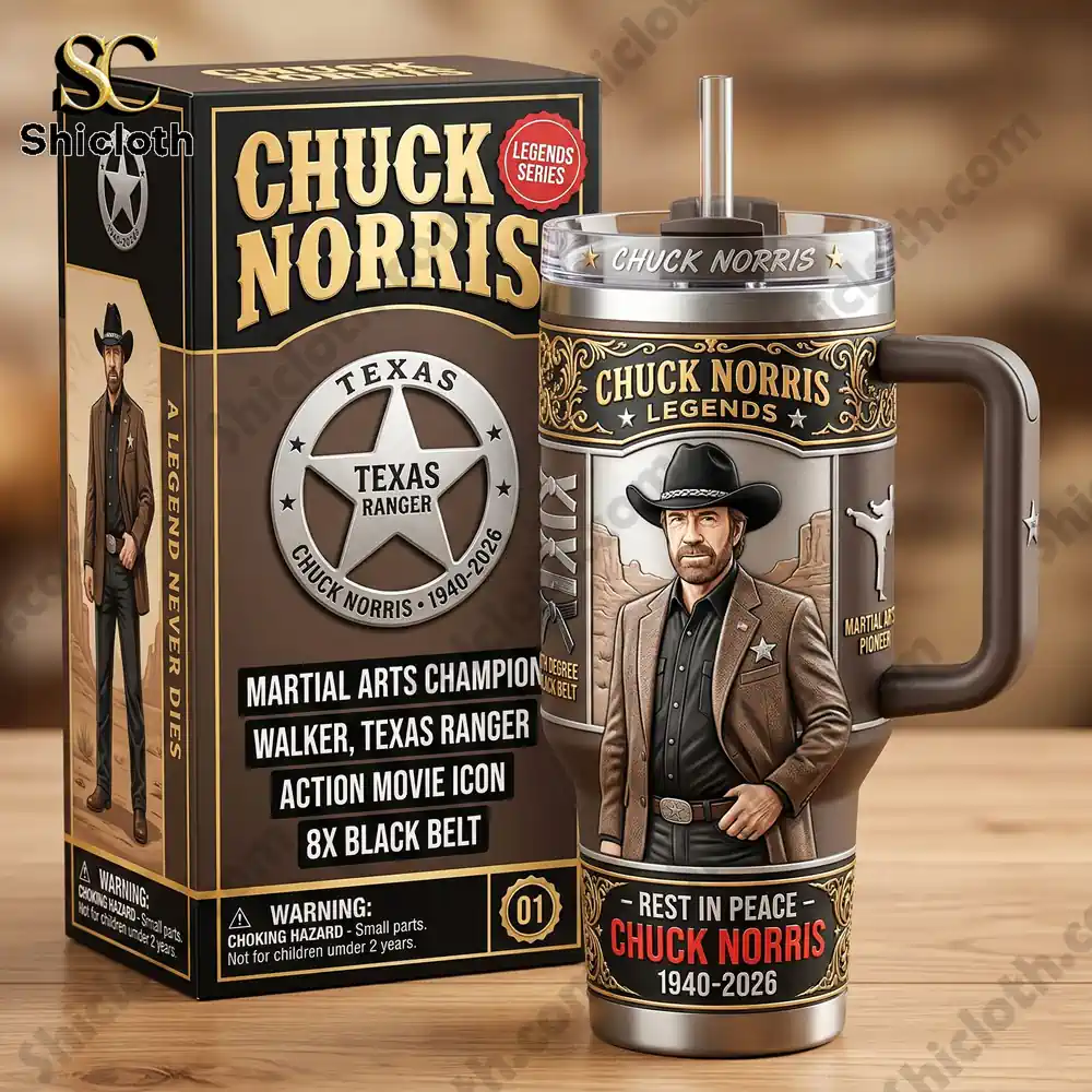 Chuck Norris themed tumbler with handle and branded box from Shicloth