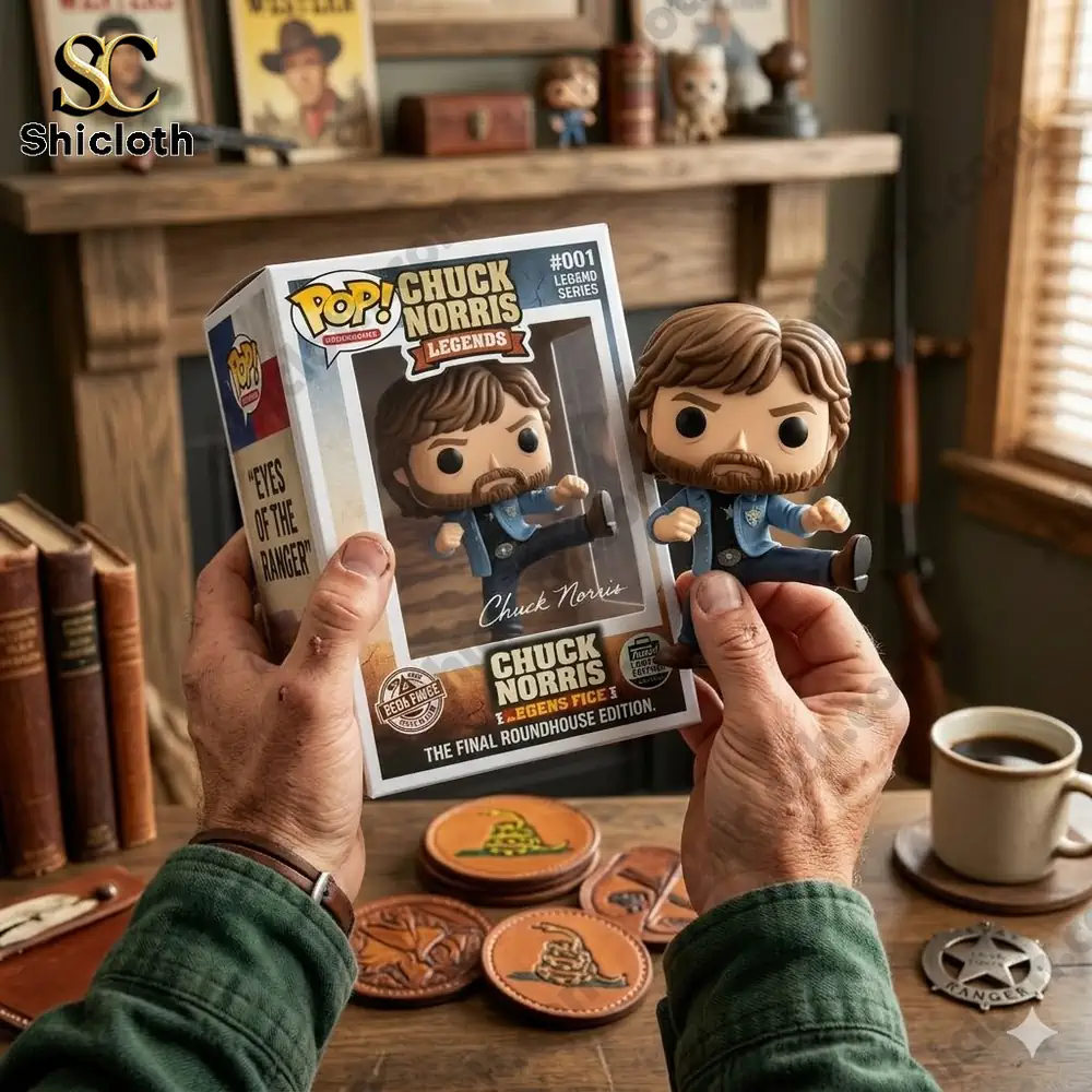 Hands holding chuck norris figure and box on wooden table!