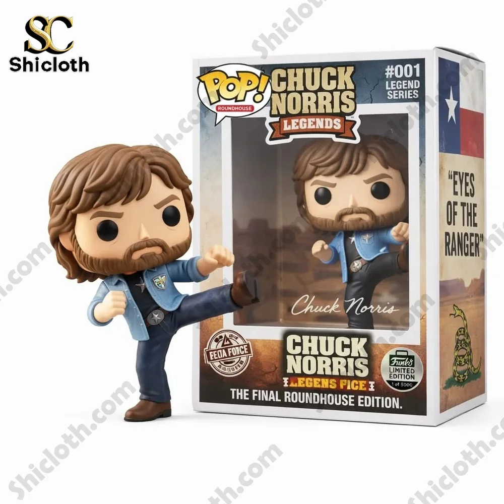 Chuck norris figure posing beside product box on clean background!