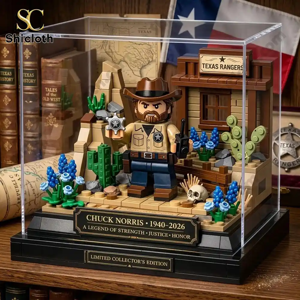 Chuck Norris Memorial 3D Brick Figure 3 Cowboy brick figure display with classic western background