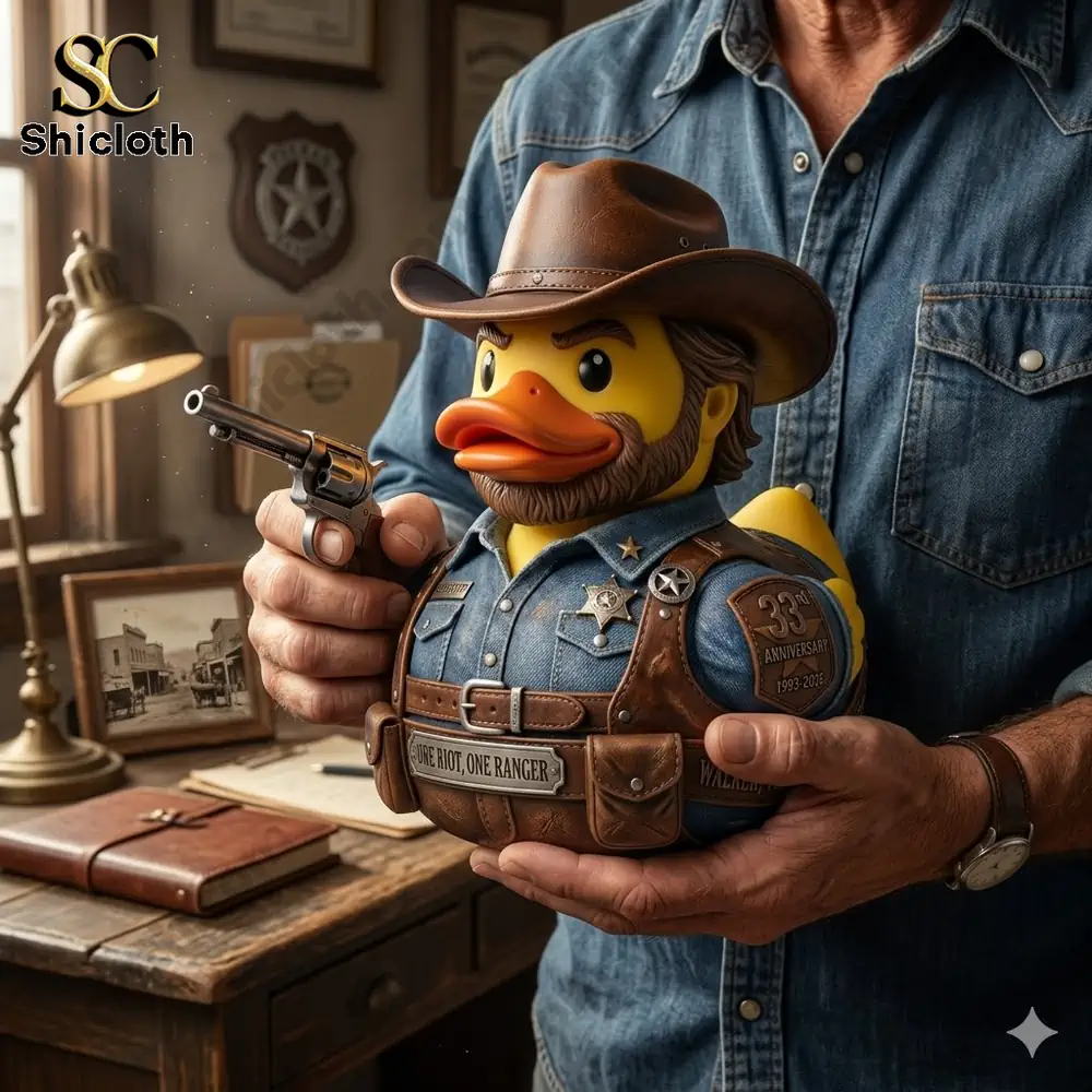 Cowboy sheriff rubber duck held in hands on a desk