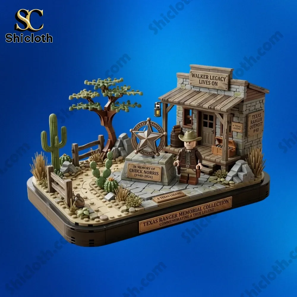 Western style building block set with cowboy figure and Texas ranger memorial in desert scene.