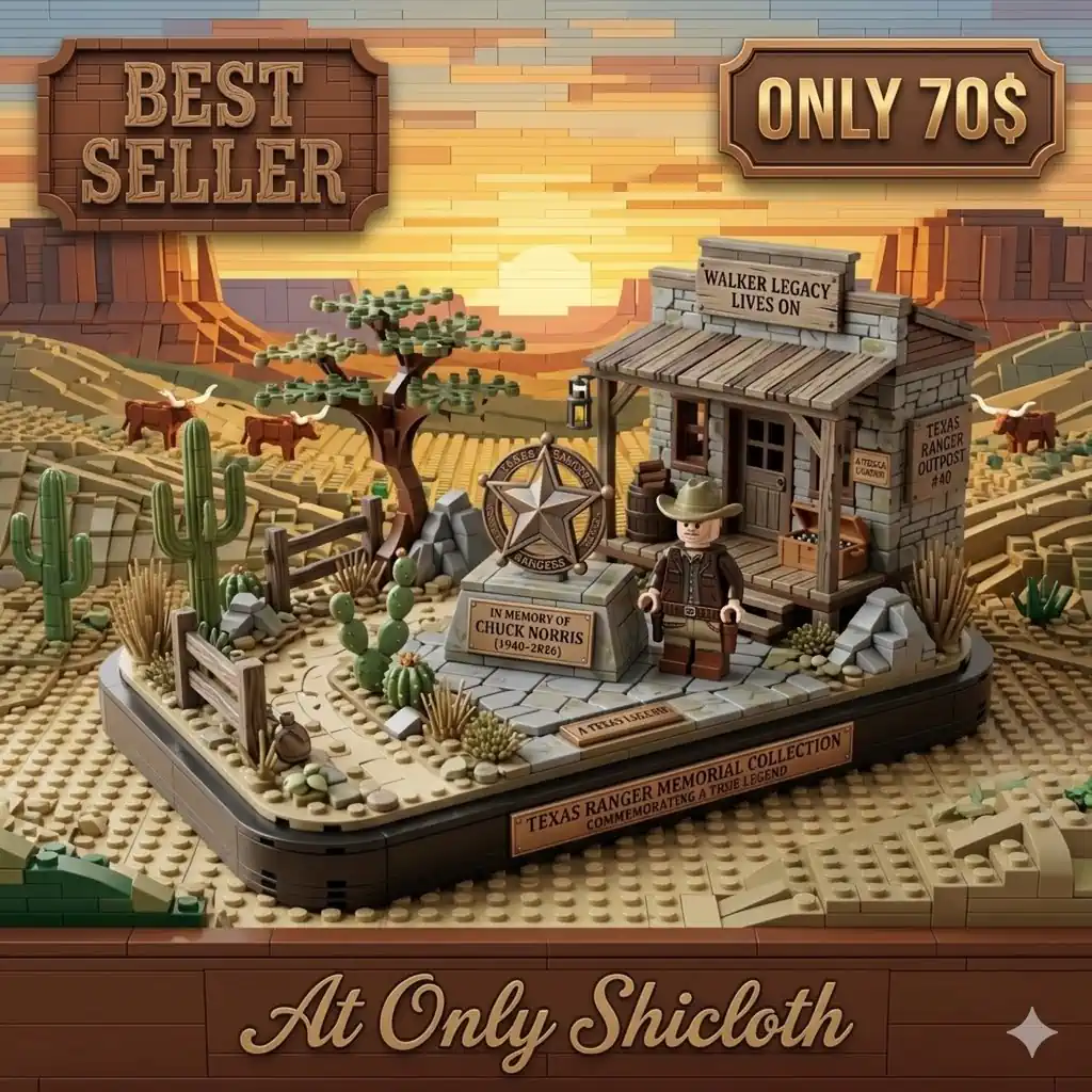 Western cowboy building block set displayed in desert background with promotional design elements.