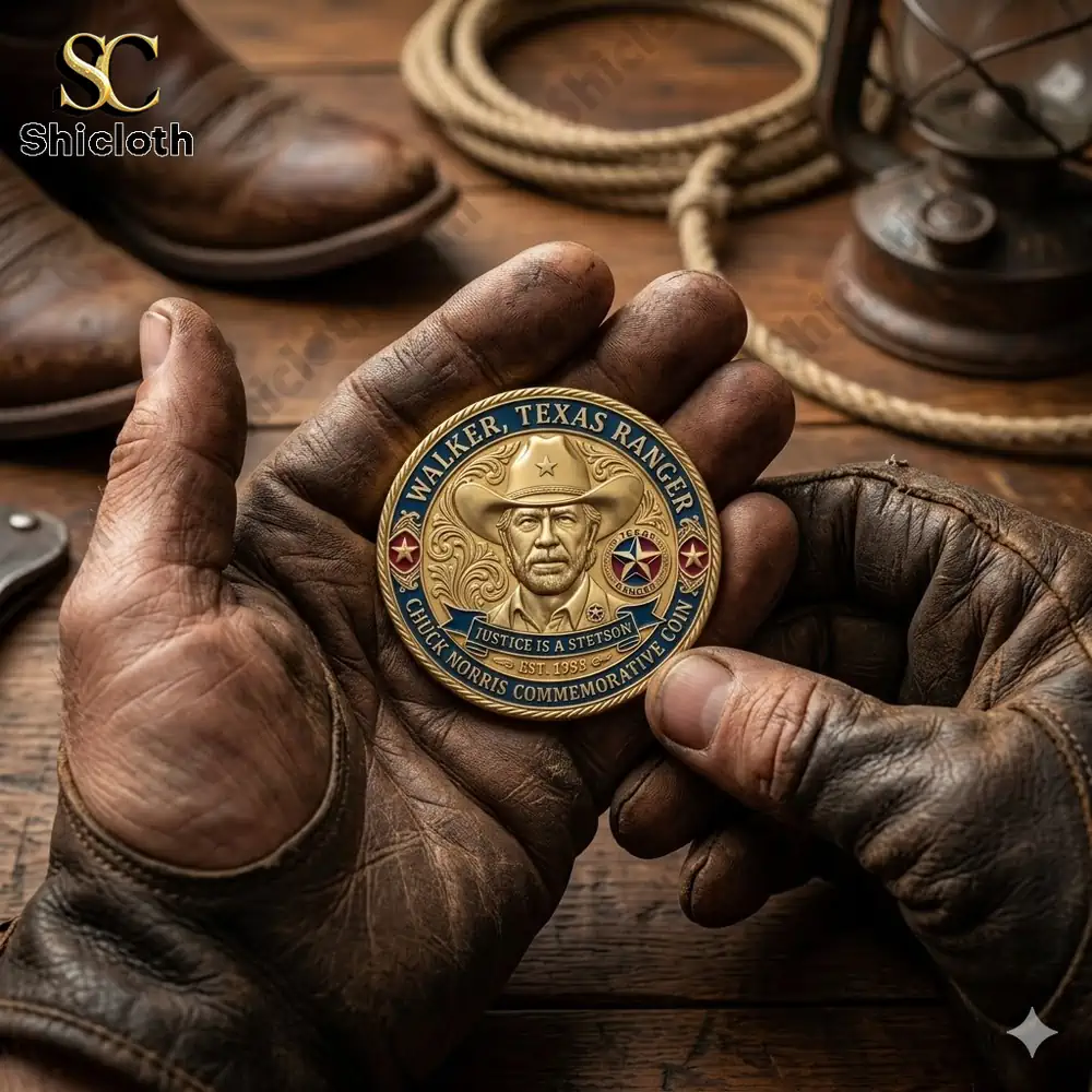 Hand holding Chuck Norris Texas Ranger commemorative coin!
