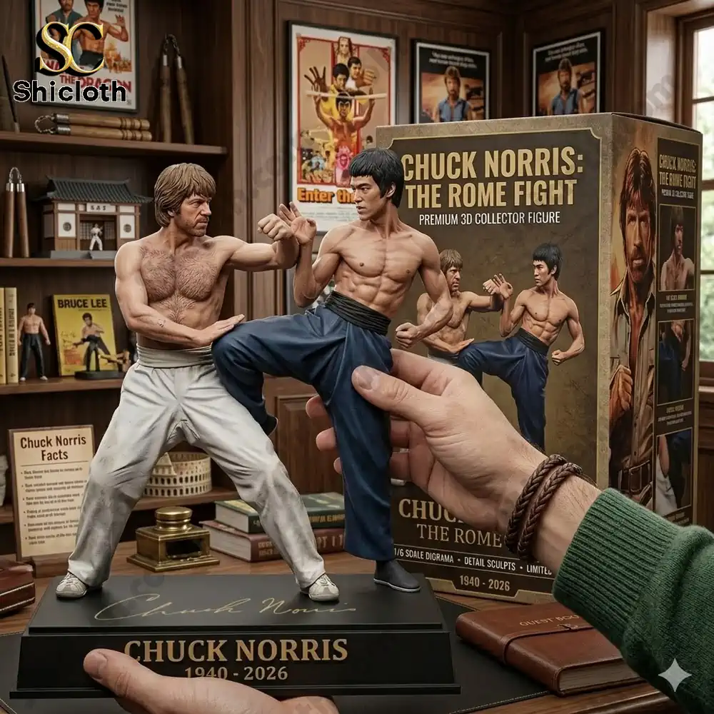 Chuck Norris and Bruce Lee fighting figure held in hand with product box behind!