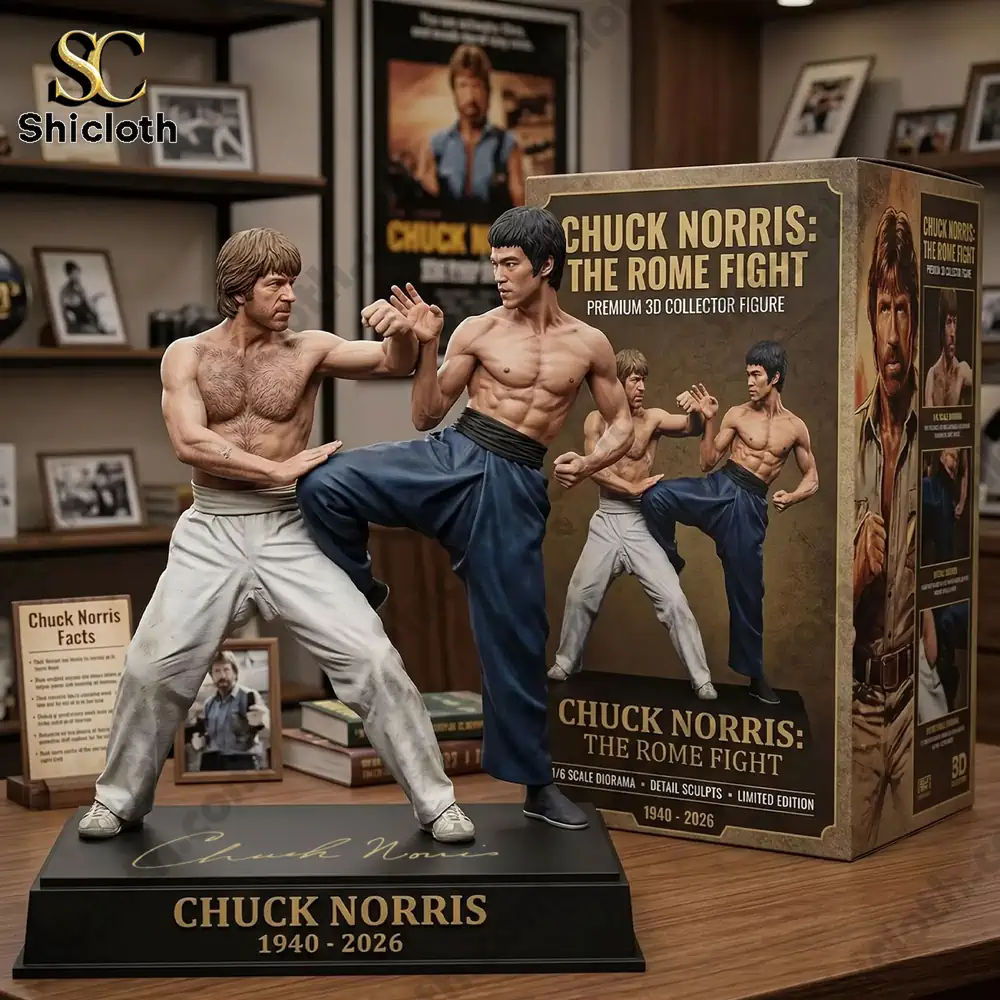 Chuck Norris and Bruce Lee fighting statue displayed on table with collector box!