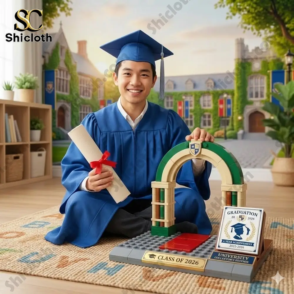 Graduate student with diploma sitting beside graduation milestone building block set from Shicloth!
