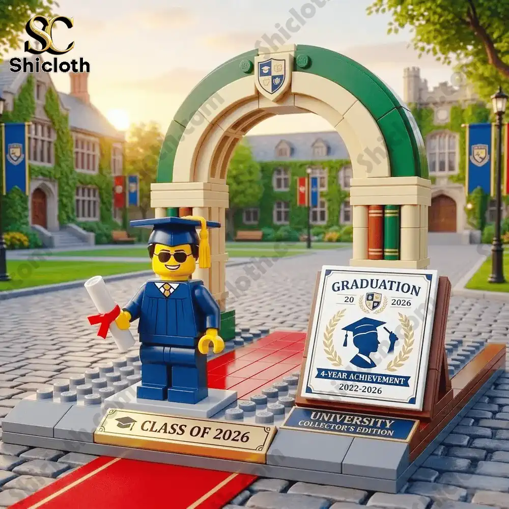 Graduation themed campus arch building block set with graduate figure from Shicloth!