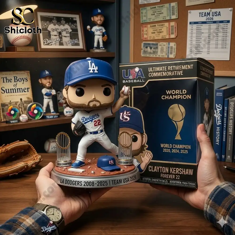 Baseball player collectible figure holding commemorative box in display room