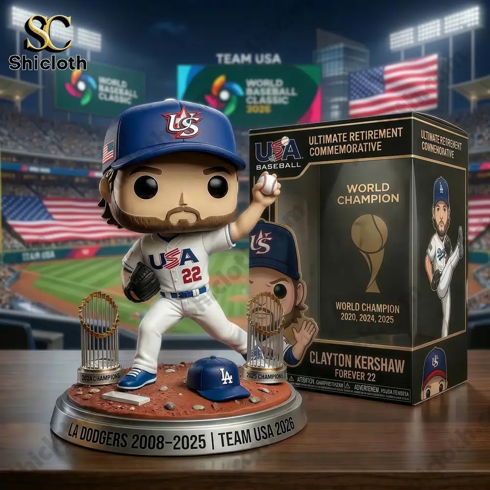 Clayton Kershaw baseball champion collectible figure with trophy and stadium background by Shicloth!