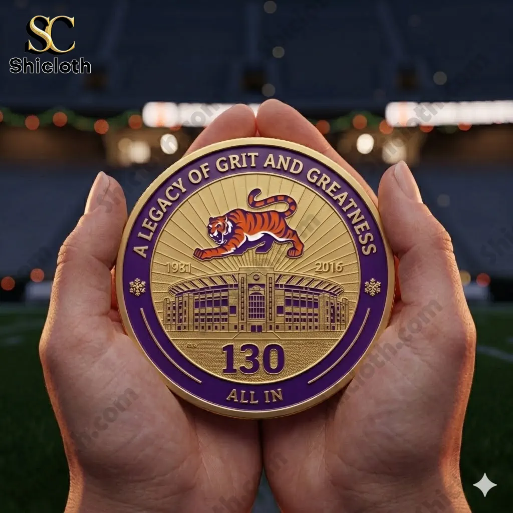 Clemson Tigers 130 years commemorative coin held in hands at stadium