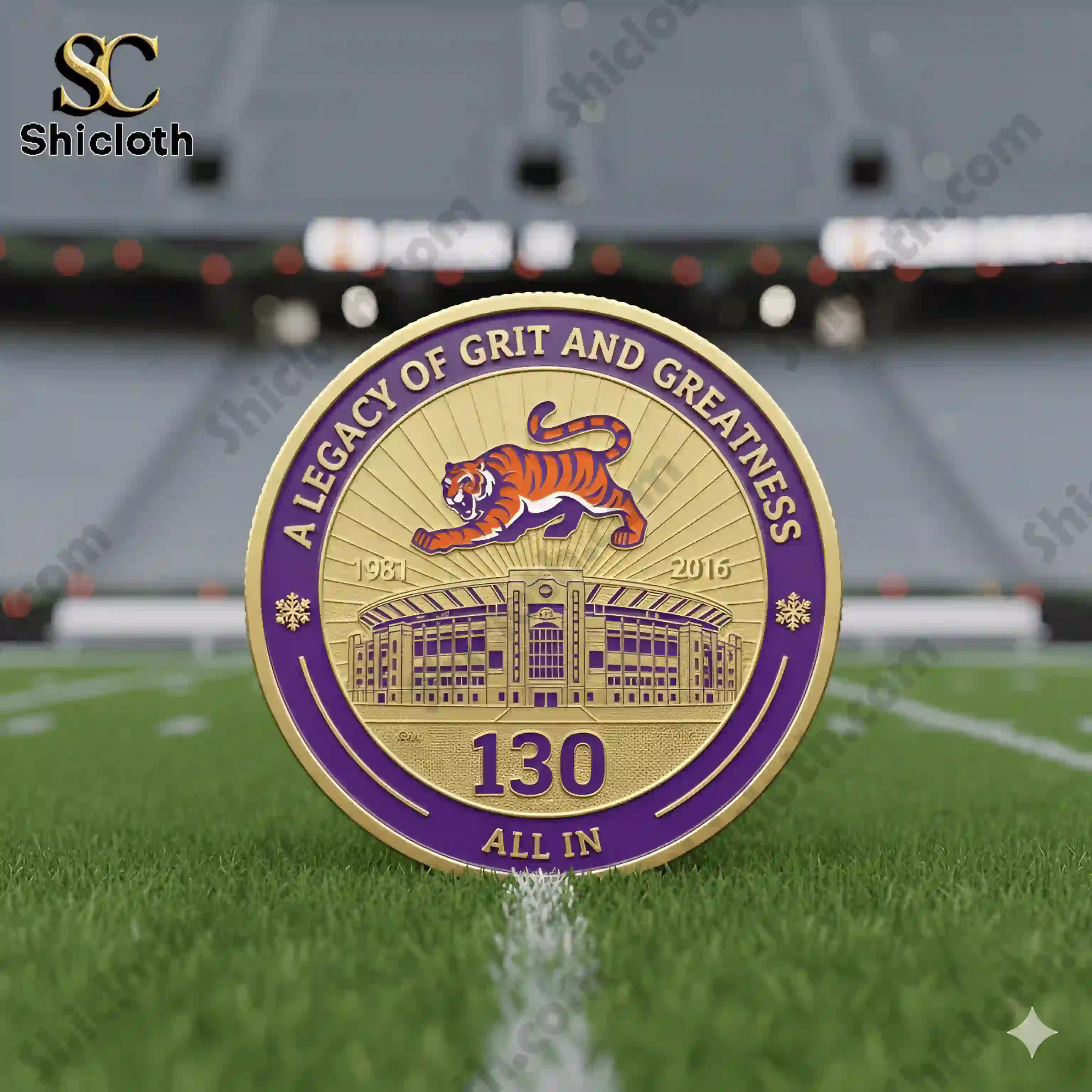 Clemson Tigers 130 years commemorative coin on football field grass