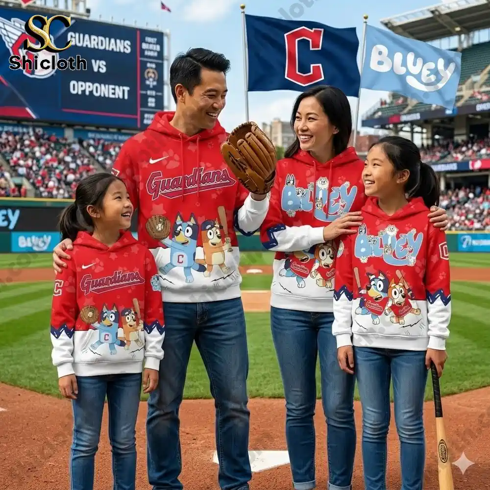 Family wearing Cleveland Guardians Bluey baseball hoodie at stadium!