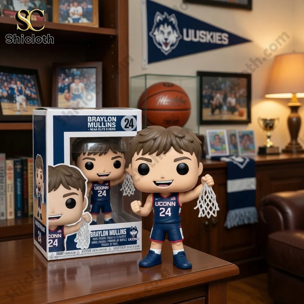 Basketball player figure Braylon Mullins displayed with box in a collector room