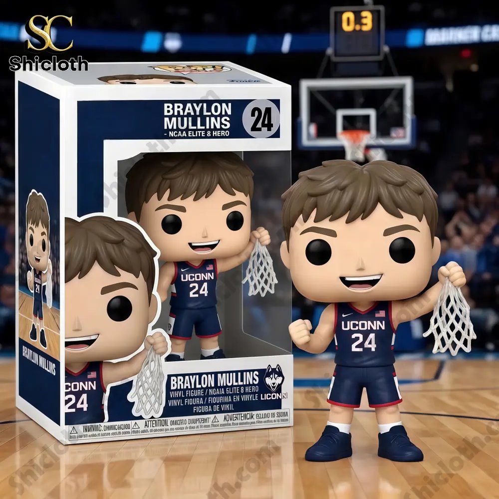 Braylon Mullins basketball figure posed on court with hoop in background