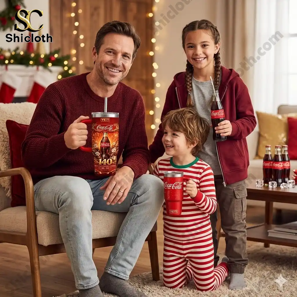 Father and two children holding Coca Cola 140 Years Anniversary Limited Edition Straw Yeti Tumbler in a cozy holiday living room!