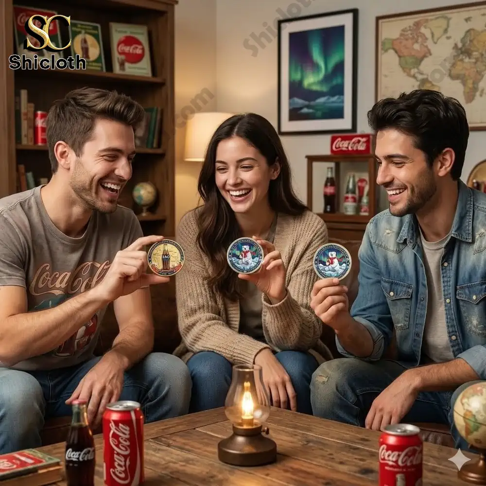 Friends holding Coca Cola 140 years commemorative coin in cozy living room!