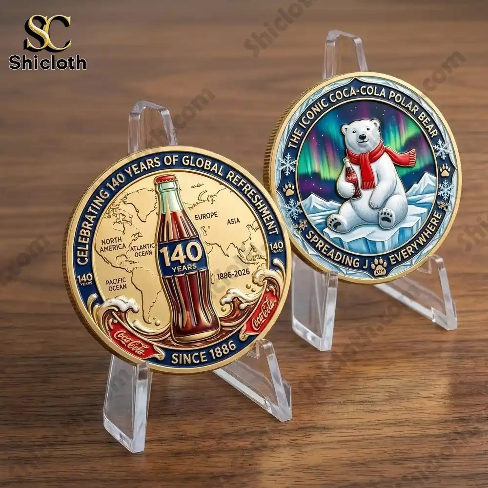 Coca Cola 140 years commemorative coin front and back on display stand!