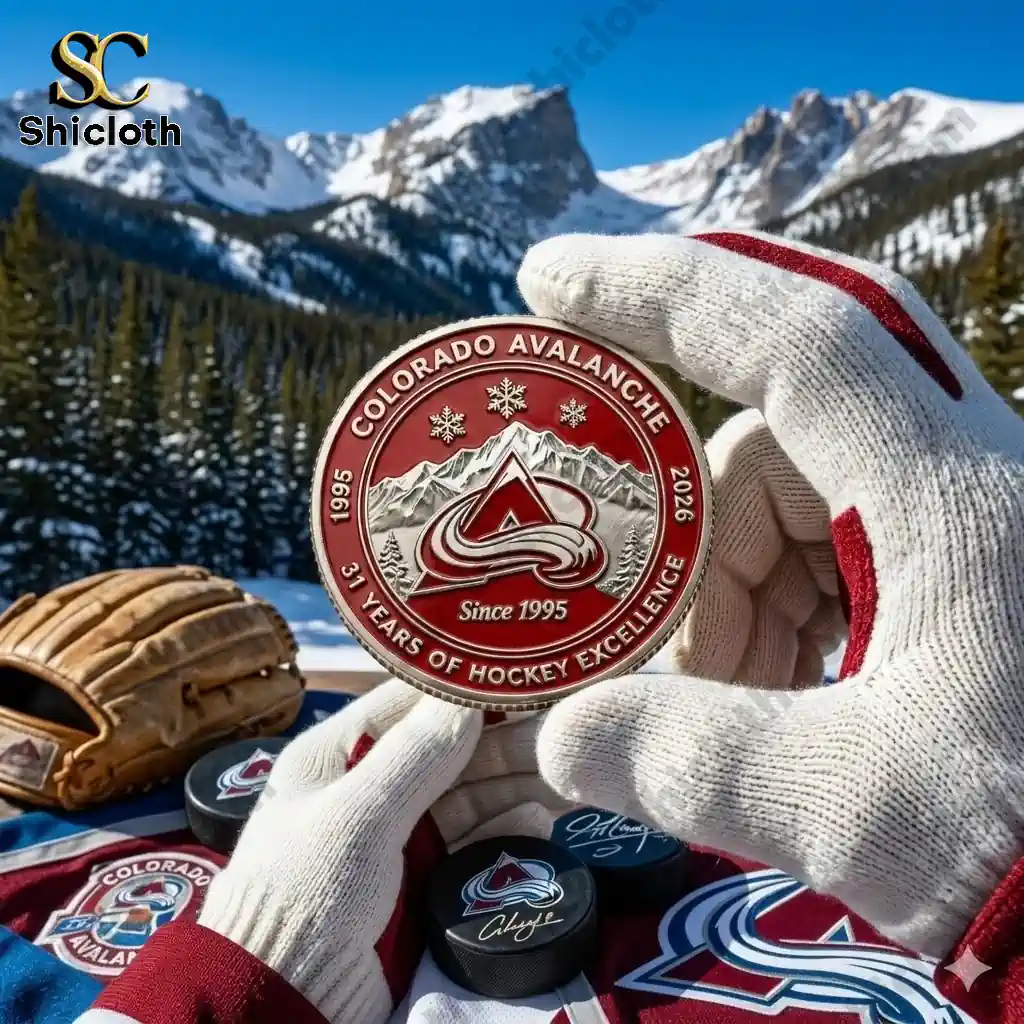 Colorado Avalanche commemorative coin held in gloved hands with snowy mountains in background