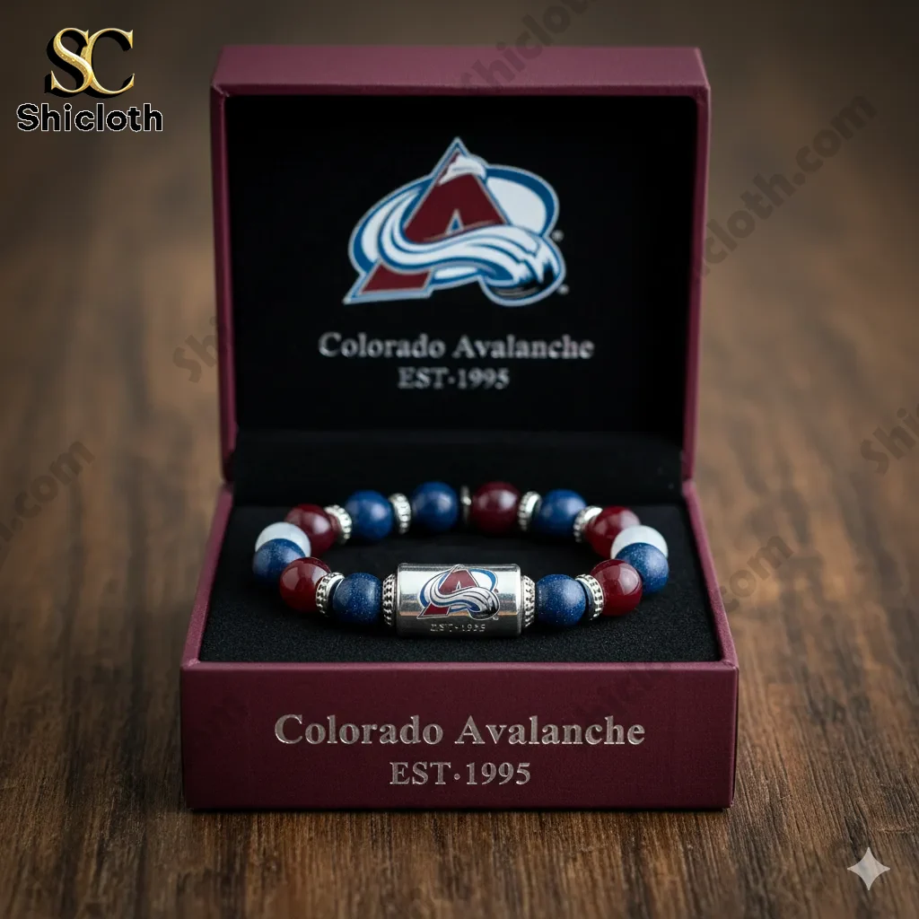 Colorado Avalanche bracelet displayed inside gift box on wooden table!