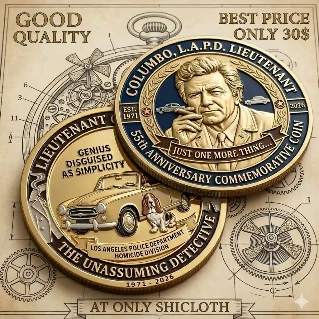 Front and back Columbo commemorative coin with vintage car and slogan