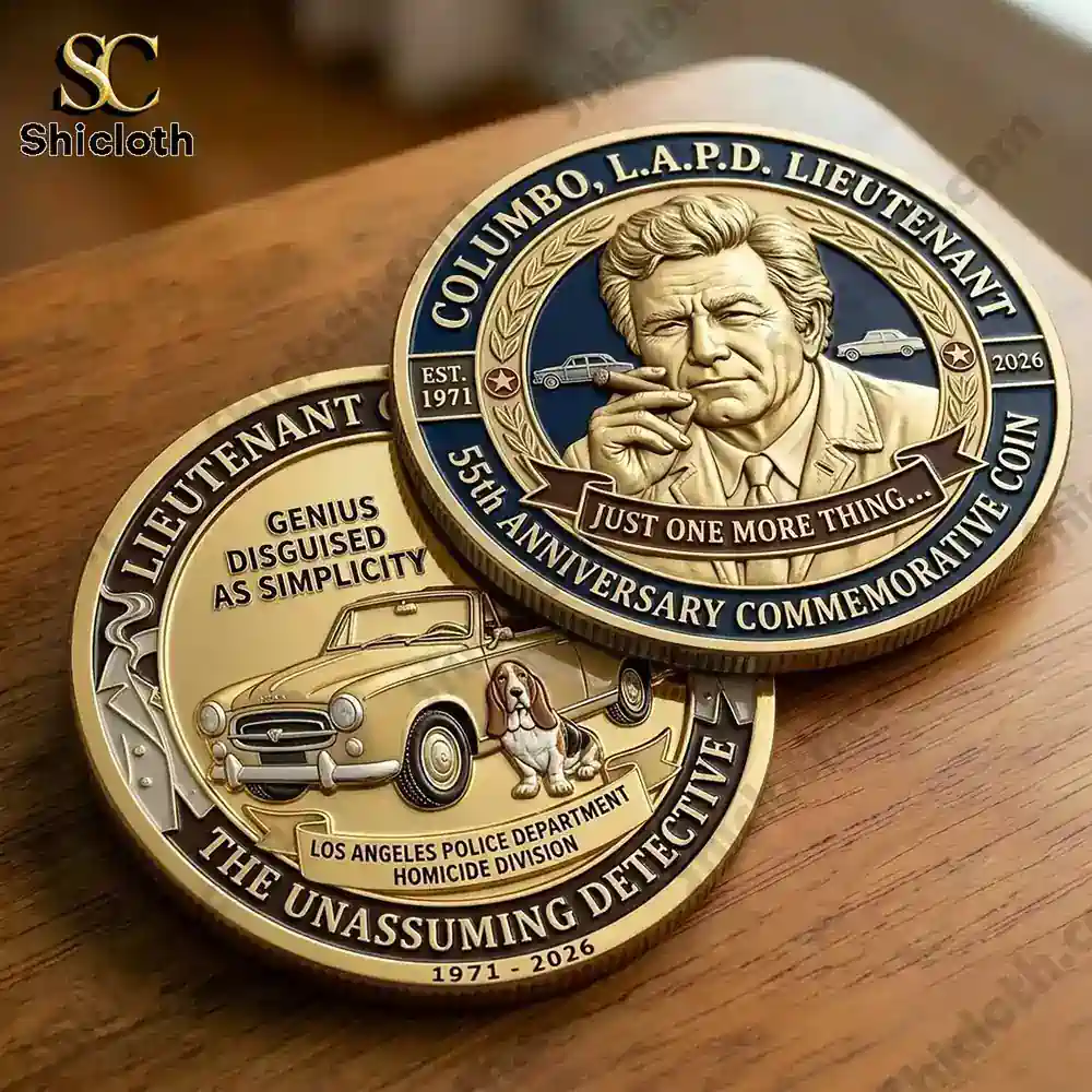 columbo commemorative coin with portrait and car design