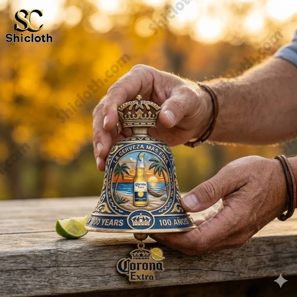 Hands holding corona extra anniversary wall bell with beach scene and lime on wooden table!