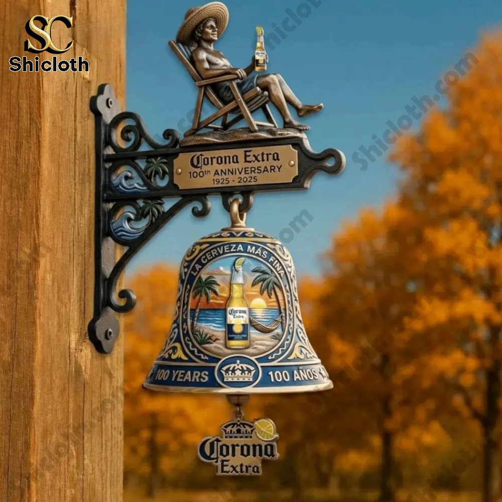 Corona extra anniversary wall bell mounted on decorative bracket with relaxing beach figure above!
