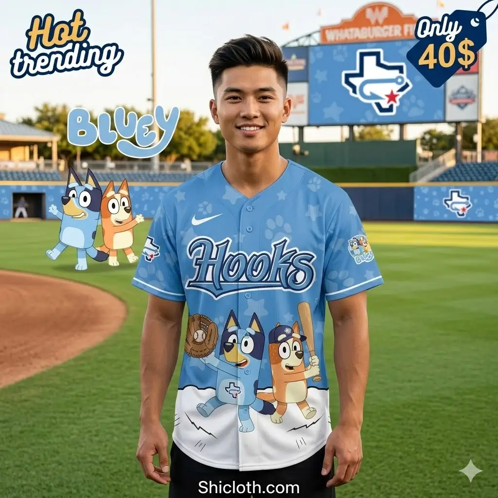 Man wearing Bluey Hooks baseball jersey on a baseball field!