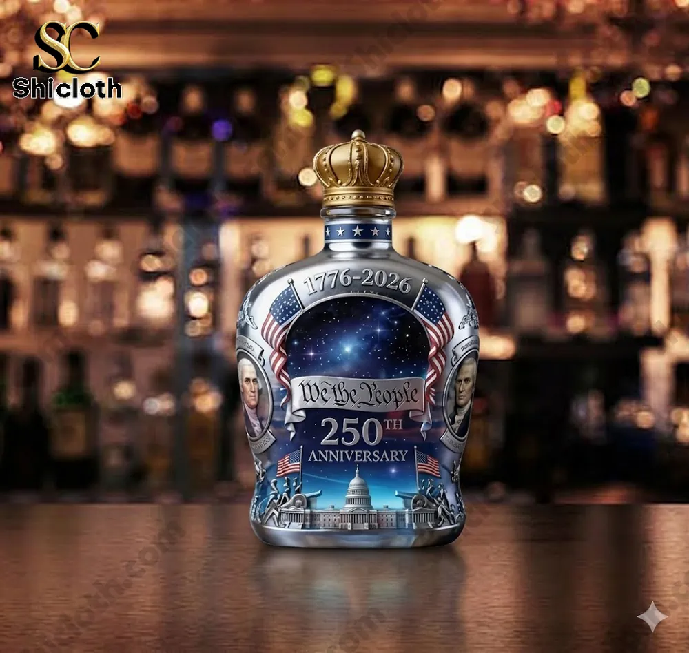 Crown Royal We The People 250th Anniversary Silver Whiskey Bottle 3 patriotic anniversary whiskey bottle standing on bar counter with warm lights!