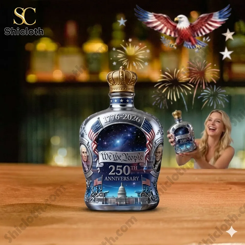 Crown Royal We The People 250th Anniversary Silver Whiskey Bottle 4 patriotic anniversary whiskey bottle with eagle and fireworks celebration scene!