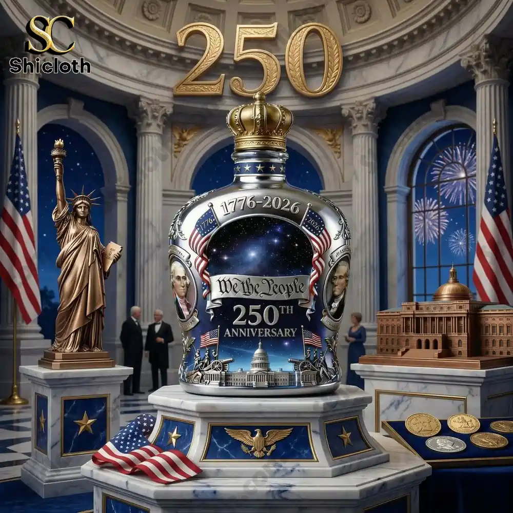 Crown Royal We The People 250th Anniversary Silver Whiskey Bottle 5 patriotic anniversary whiskey bottle displayed in grand american heritage hall!