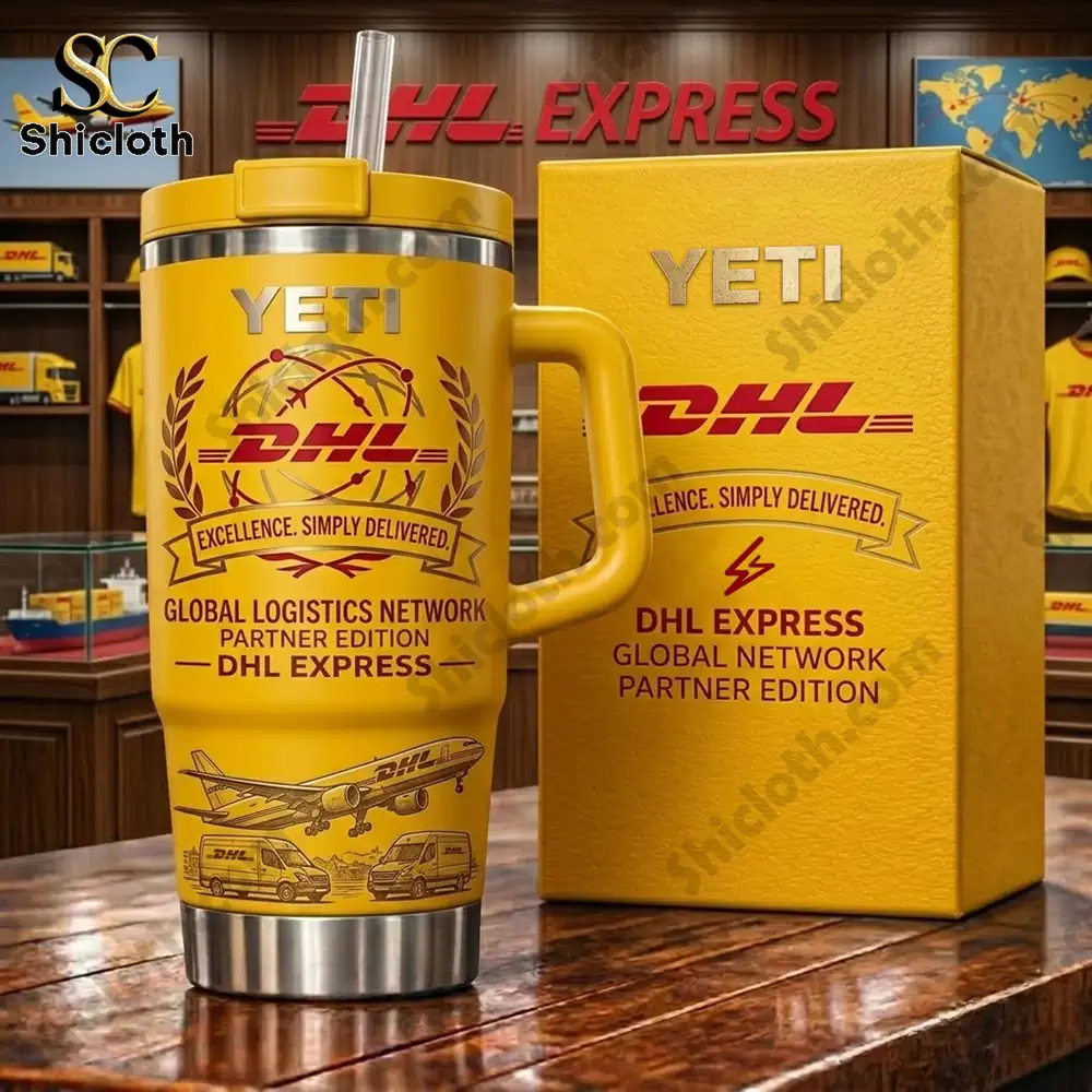Yellow DHL Yeti tumbler with branded box displayed on a wooden table!
