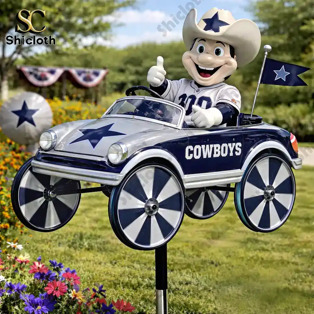 Dallas Cowboys mascot driving a small vintage style wind spinner car in a garden