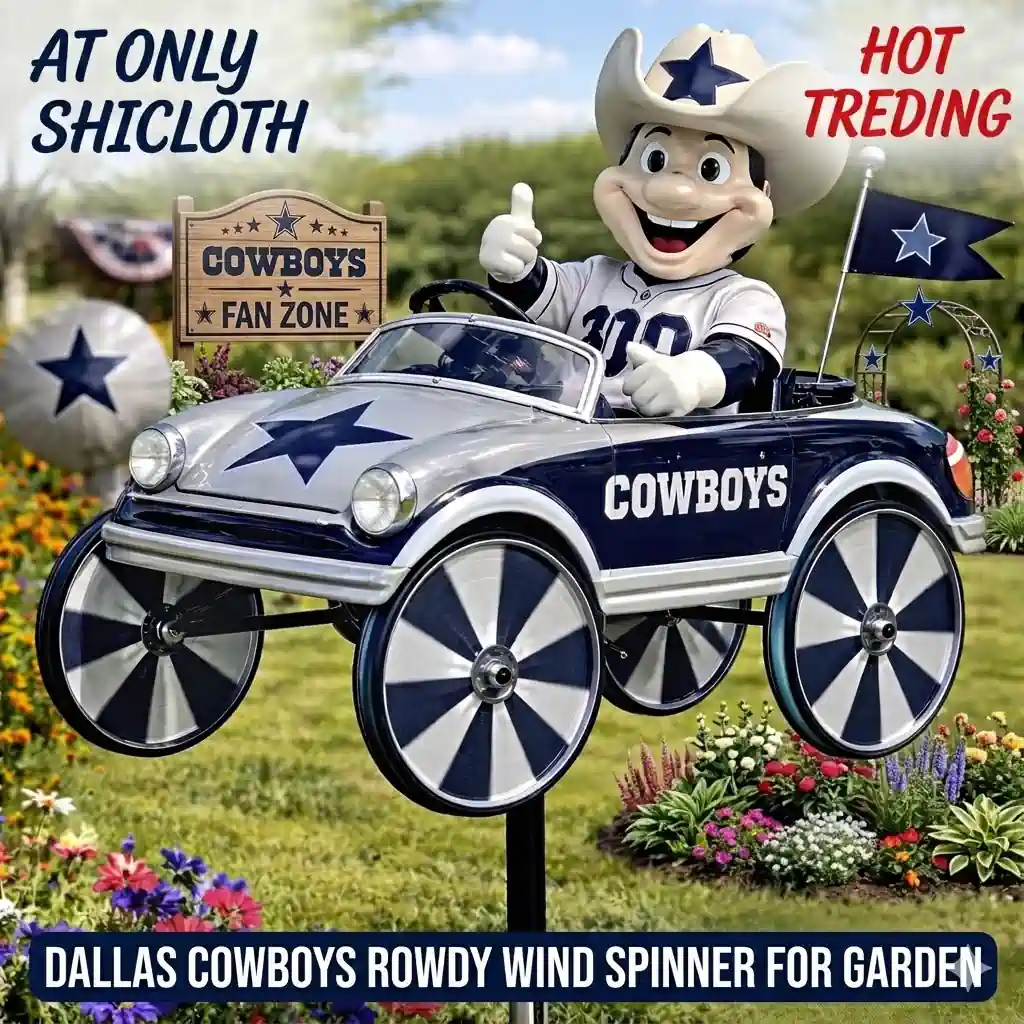Dallas Cowboys mascot wind spinner car with fan zone sign in garden