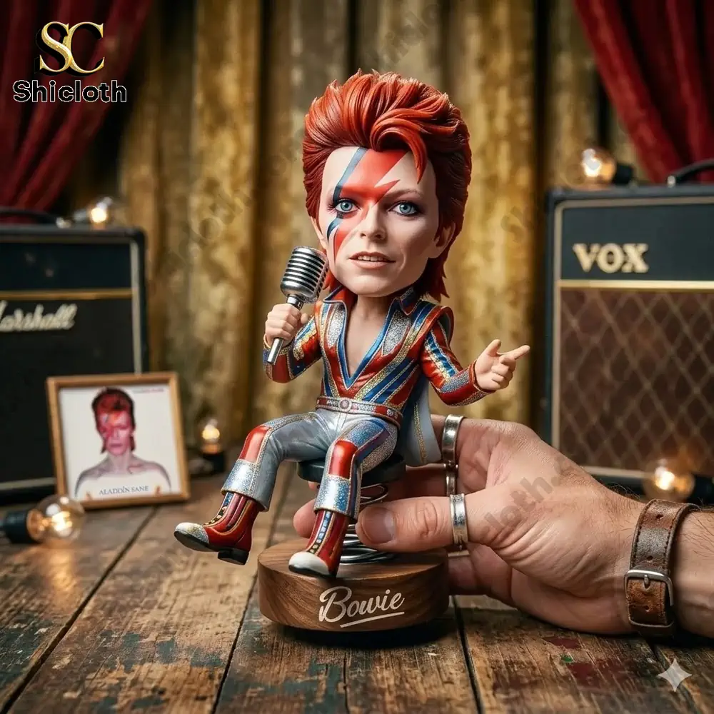 David Bowie Ziggy Stardust bobblehead singer figure holding microphone on stage display!