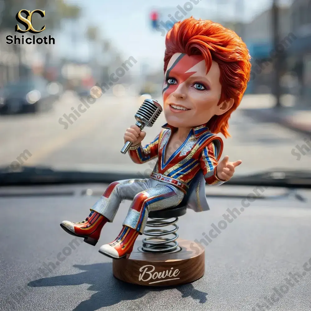 David Bowie Ziggy Stardust bobblehead figure on car dashboard spring base singing pose!